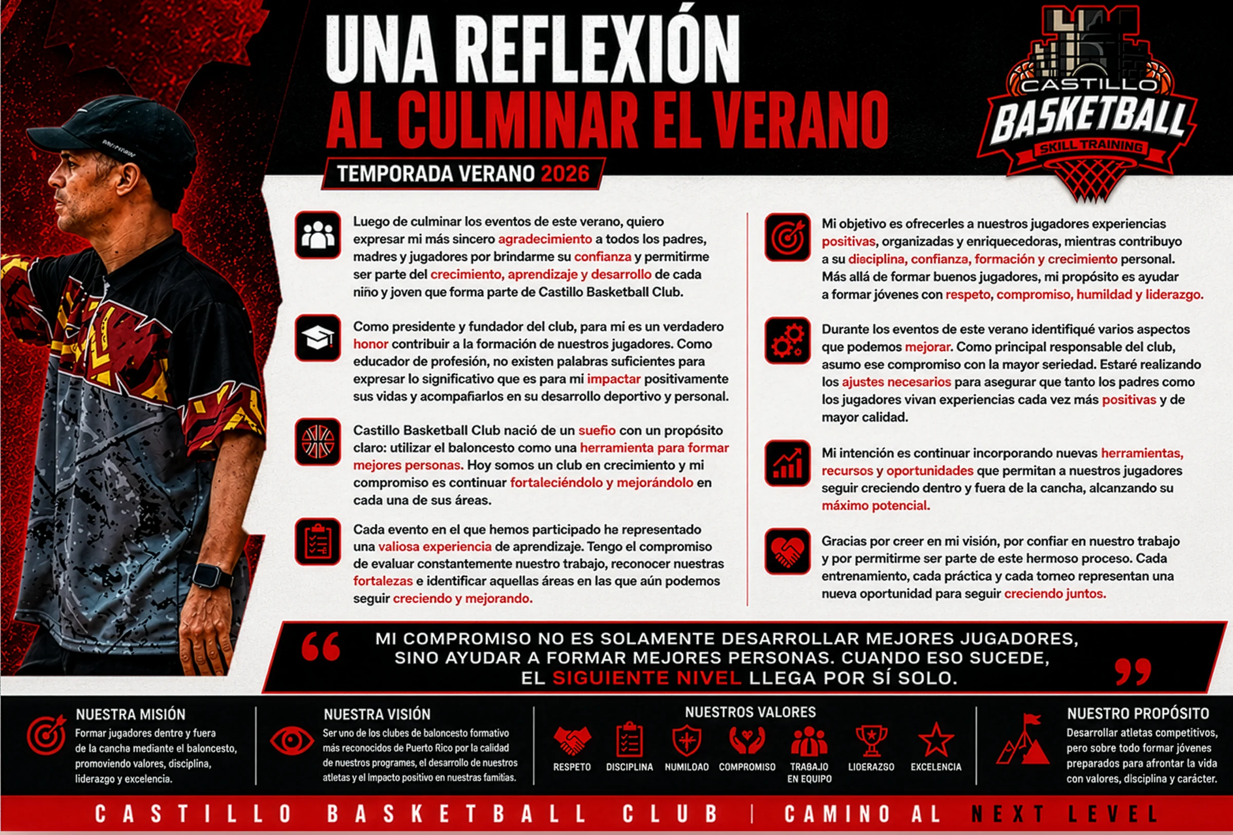 Una reflexi&oacute;n al culminar el verano: mensaje completo de Edwin Castillo sobre la temporada de verano 2026, con la misi&oacute;n, la visi&oacute;n y los valores del club
